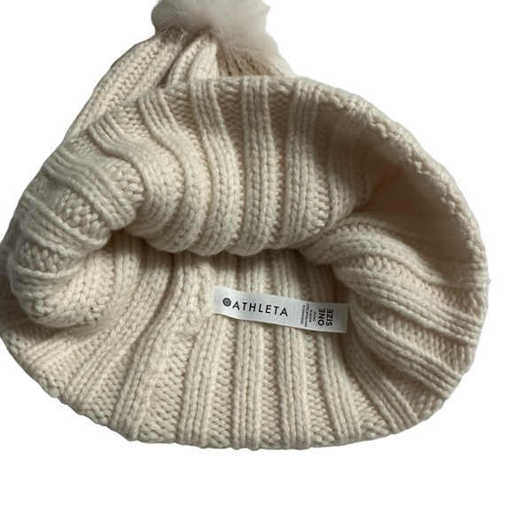 Athleta Knit Ribbed Winter Hat with Faux Fur Pom, Ivory Cream - Picture 4 of 11
